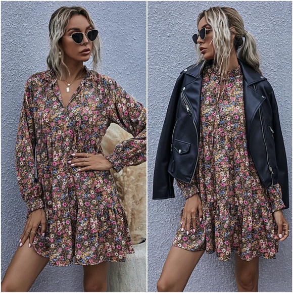 Boho floral print long sleeve v neck ruffle dress - Picture 2 of 9